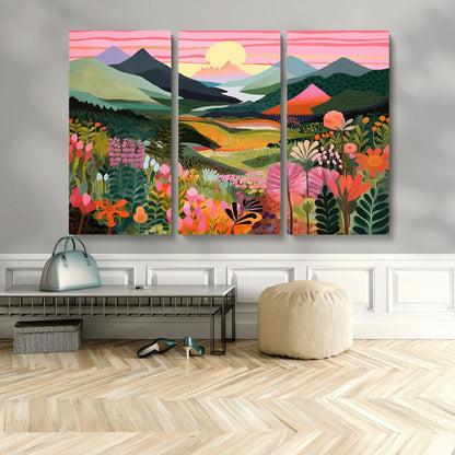 99638-MGV-CV-36X24-Sunset Meadow Wall Art – Panoramic Mountain Landscape with Wildflowers Canvas Print, Vibrant Nature Decor for Living Room, Bedroom
