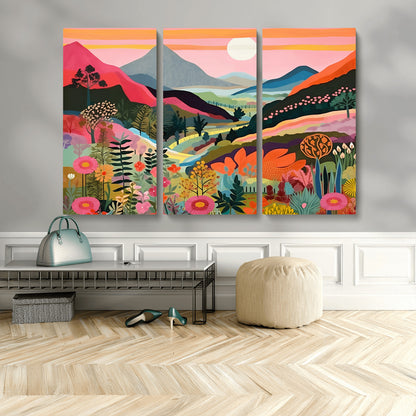 61376-MGV-CV-48X32-3P-Floral Valley Wall Art – Panoramic Mountain Landscape Canvas Print, Vibrant Nature Decor for Living Room, Office, or Bedroom