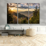 73692479-MGV-CV-48X32-3P-Smoky Mountains Wall Art Canvas Print, Framed Forest Mountain Art Picture Print, Spring Mountain Perfect Spring Style Decor