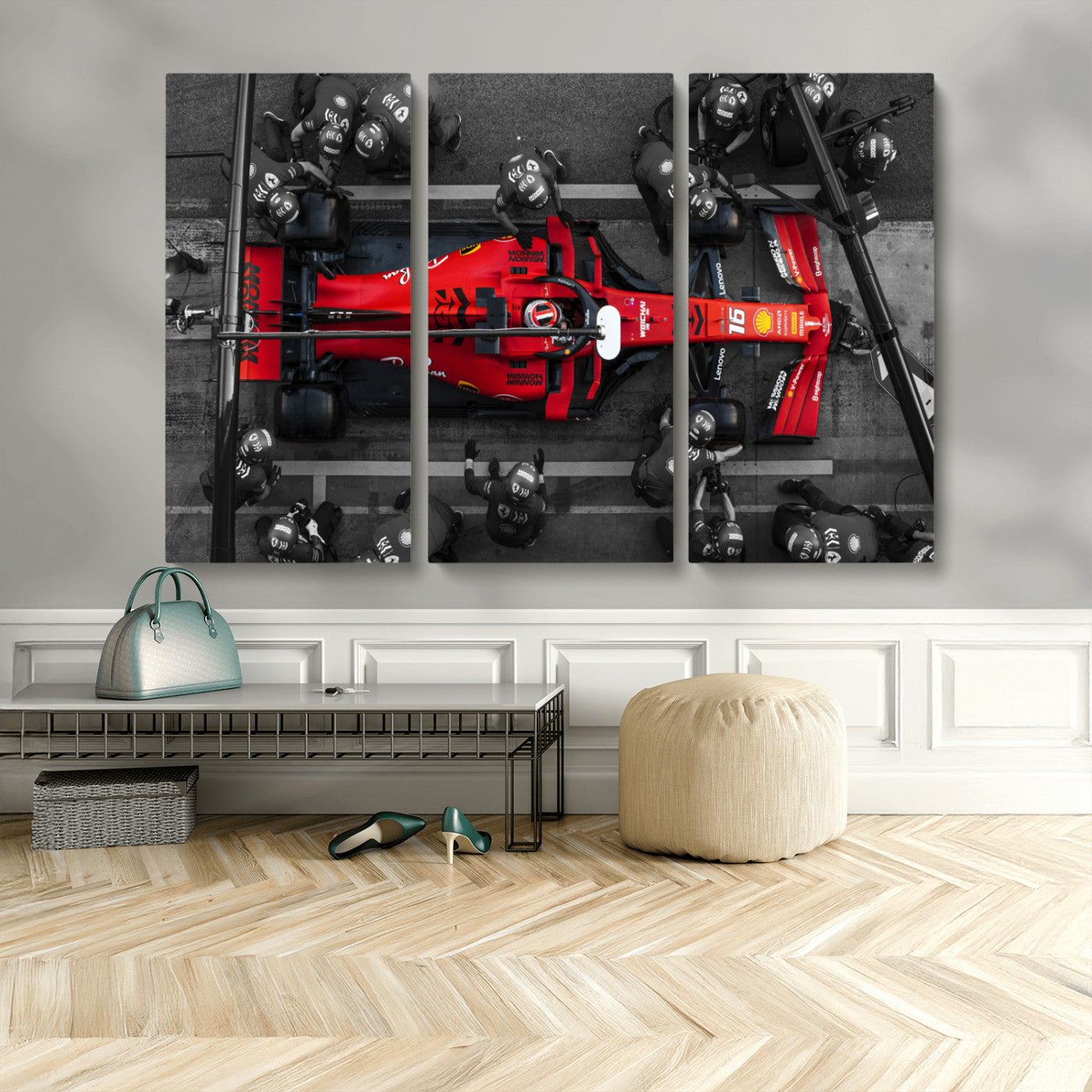 99356-MGV-CV-48X32-3P-Ferrari Pit Stop Wall Art – Formula 1 Racing Car Canvas Print, Red Speed Machine Motorsport Decor for Office, Garage, Man Cave or