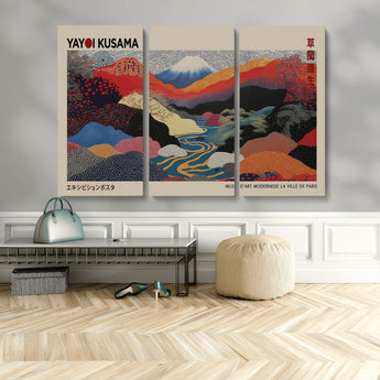 49228-MGV-FC-93X47-3P_Black-Kusama Wall Art – Vibrant Japanese Landscape Canvas Print, Modern Abstract Mountain and River Decor for Living Room, Office or Art