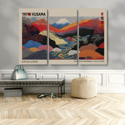 49228-MGV-FC-93X47-3P_Black-Kusama Wall Art – Vibrant Japanese Landscape Canvas Print, Modern Abstract Mountain and River Decor for Living Room, Office or Art