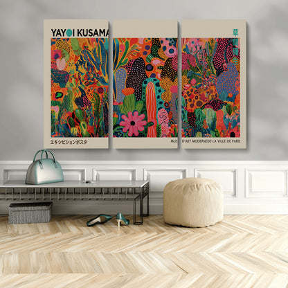 40791-MGV-CV-48X32-3P-Kusama Inspired Wall Art – Vibrant Abstract Floral Jungle Canvas Print, Bold Pop Art Botanical Decor for Living Room, Bedroom, or