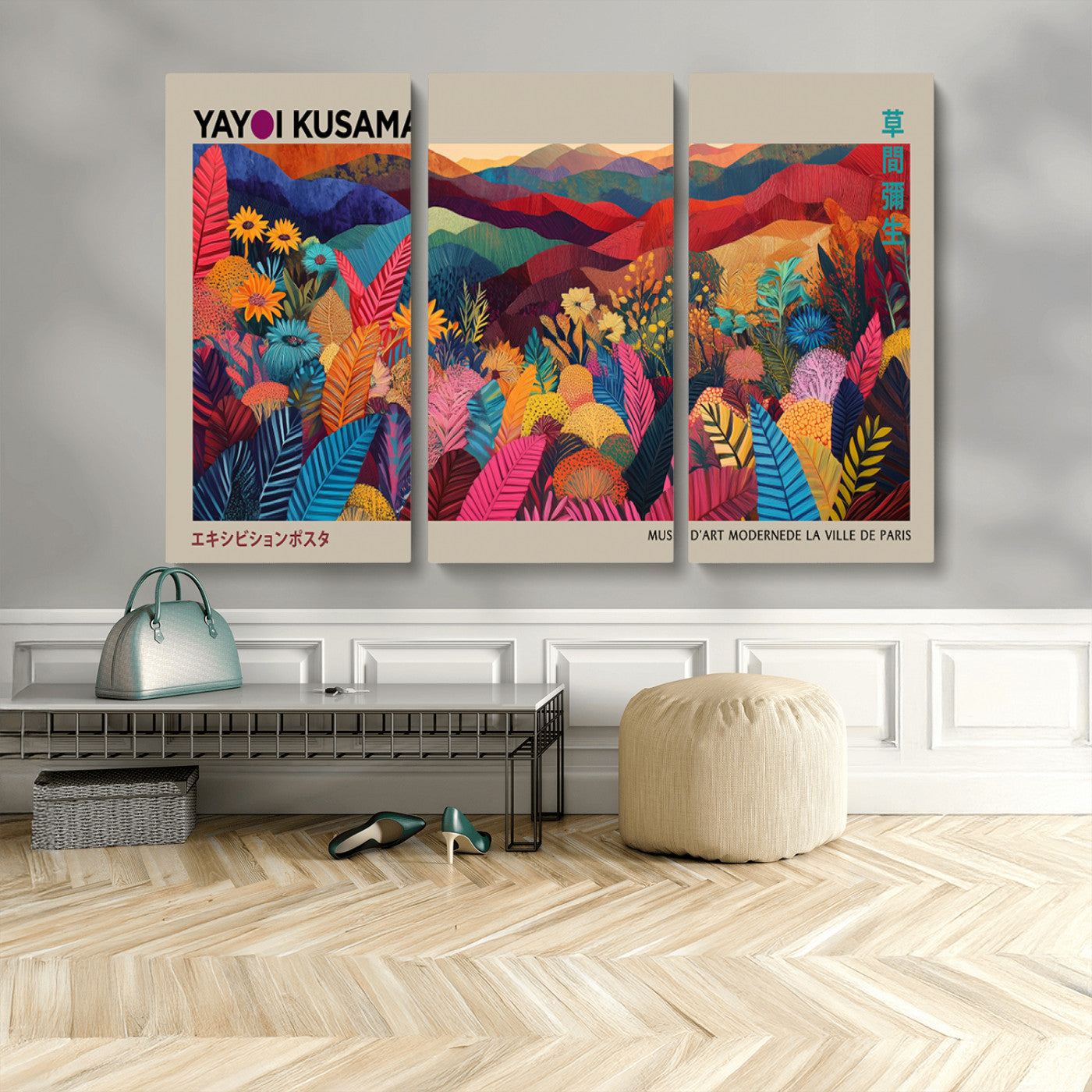 70959-MGV-CV-48X32-3P-Yayoi Kusama Inspired Wall Art – Bold Floral Landscape Canvas Print, Vibrant Modern Abstract Poster for Living Room, Bedroom, or