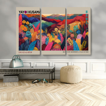 70959-MGV-CV-48X32-3P-Yayoi Kusama Inspired Wall Art – Bold Floral Landscape Canvas Print, Vibrant Modern Abstract Poster for Living Room, Bedroom, or