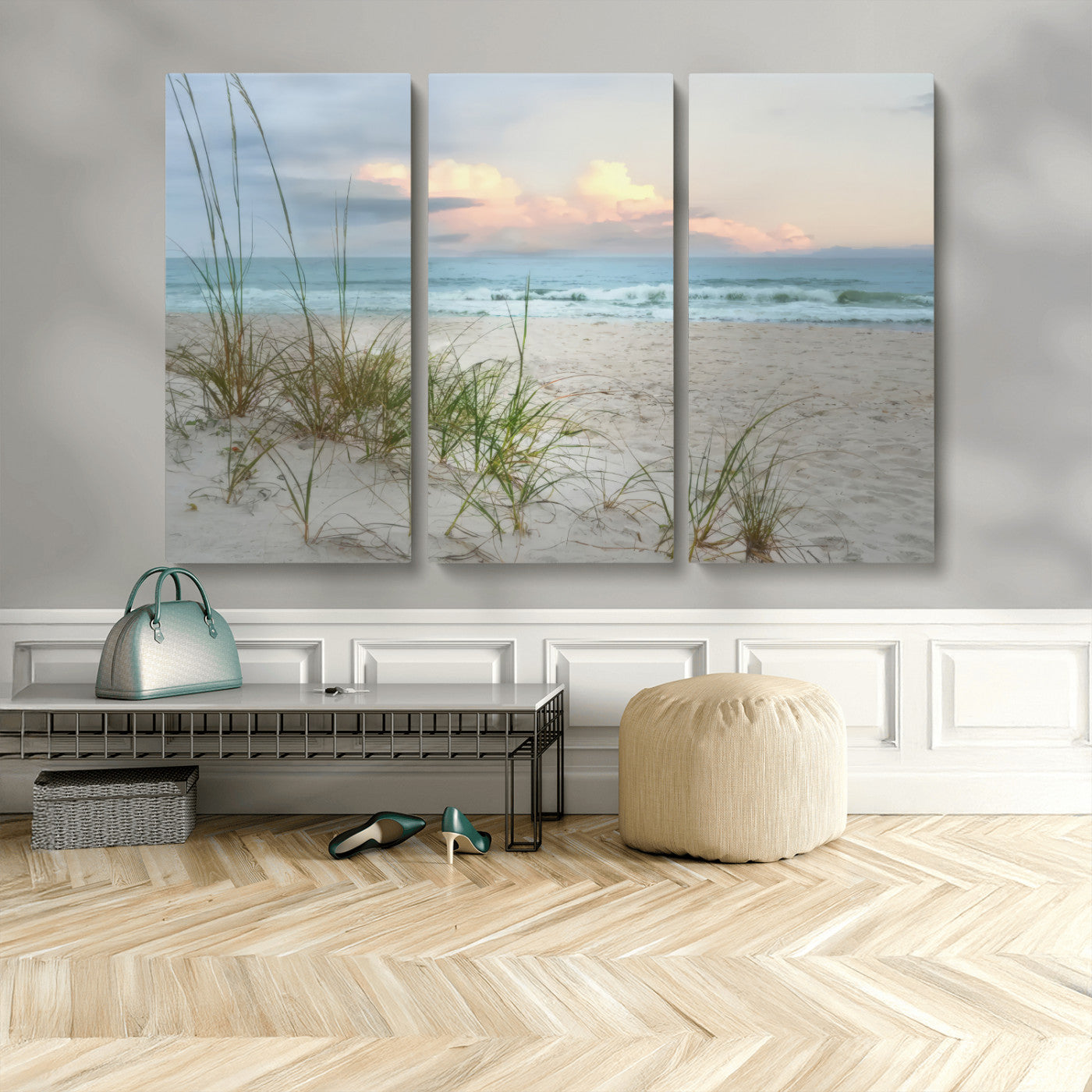 Test1001-MGV-CV-48X32-3P-Coastal Beach Wall Art – Panoramic Ocean Waves and Sandy Dunes Canvas Print, Serene Seascape with Sea Oats for Relaxing Home or