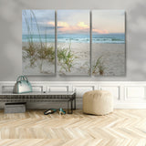 Test1001-MGV-CV-48X32-3P-Coastal Beach Wall Art – Panoramic Ocean Waves and Sandy Dunes Canvas Print, Serene Seascape with Sea Oats for Relaxing Home or