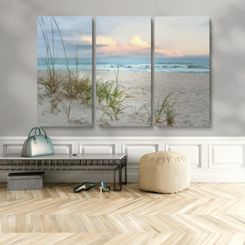 Test1001-MGV-CV-48X32-3P-Coastal Beach Wall Art – Panoramic Ocean Waves and Sandy Dunes Canvas Print, Serene Seascape with Sea Oats for Relaxing Home or