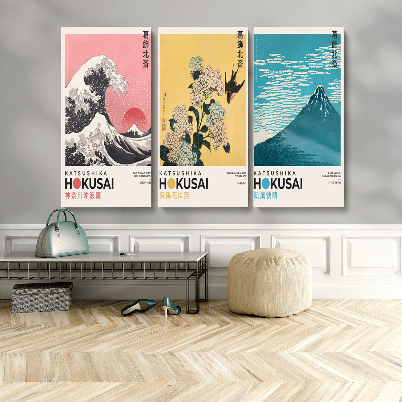 Katsushika-MGV-CV-48X32-3P-Katsushika Hokusai Wall Art Set – The Great Wave, Hydrangea and Swallow, Fine Wind Canvas Prints, Japanese Ukiyo e Style Home and