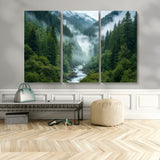 69453-MGV-CV-48X32-3P-Mountain Forest Wall Art – Misty River and Evergreen Landscape Canvas Print, Nature Photography Poster for Living Room, Bedroom,
