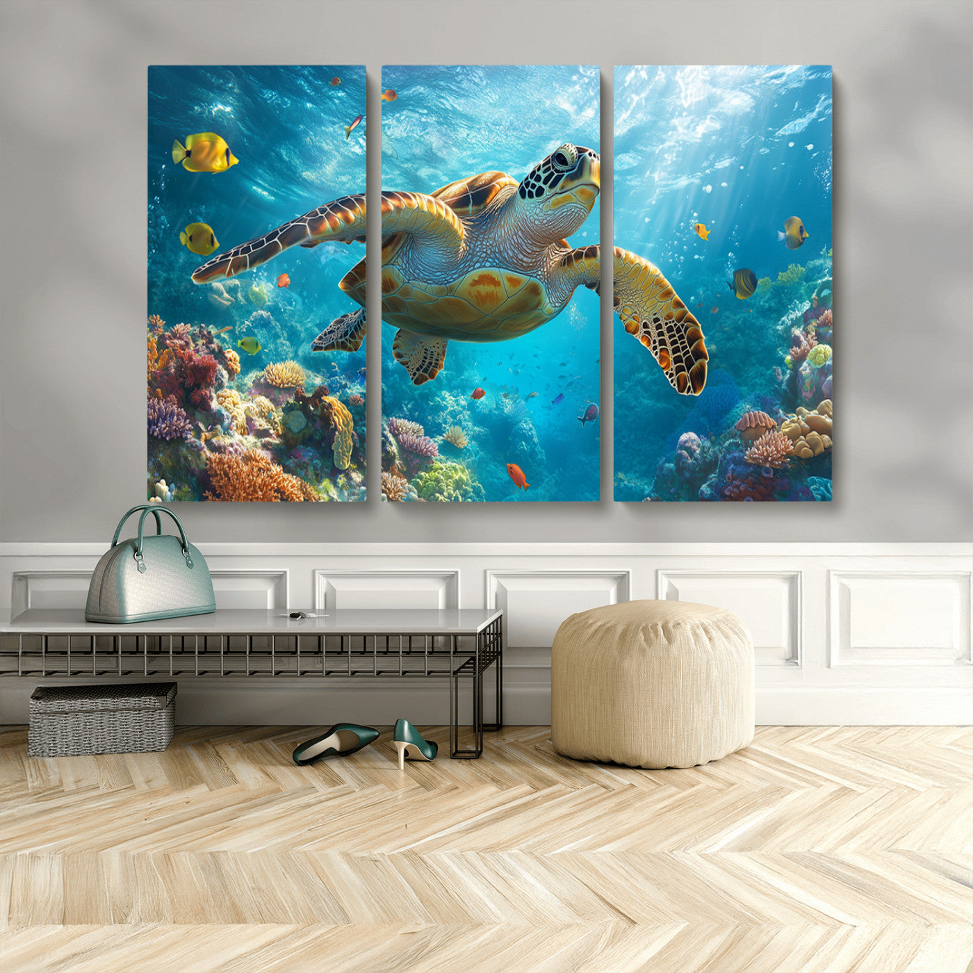 37623-MGV-CV-48X32-3P-Sea Turtle Wall Art – Underwater Ocean Canvas Print with Coral Reef and Tropical Fish, Marine Life Painting Poster for Living