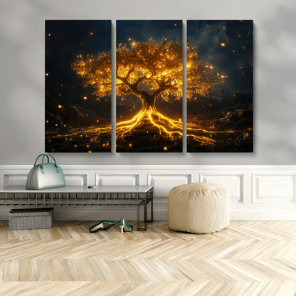 60194-MGV-CV-48X32-3P-Glowing Tree Wall Art – Golden Roots Fantasy Canvas Print, Mystical Illuminated Tree Painting Poster for Living Room, Bedroom,