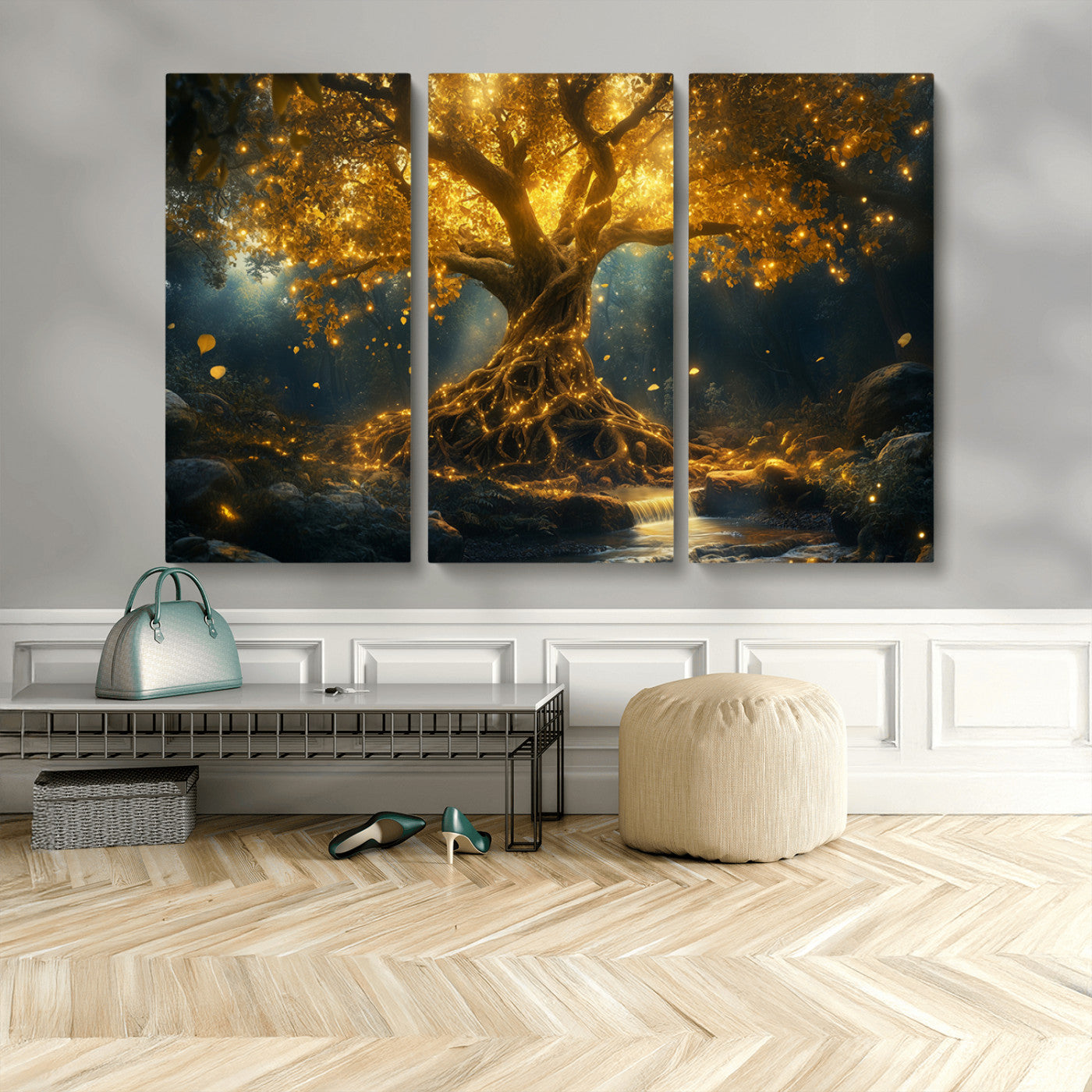 92739-MGV-CV-48X32-3P-Glowing Tree Wall Art – Enchanted Golden Forest Canvas Print, Mystical Illuminated Nature Painting Poster for Living Room,