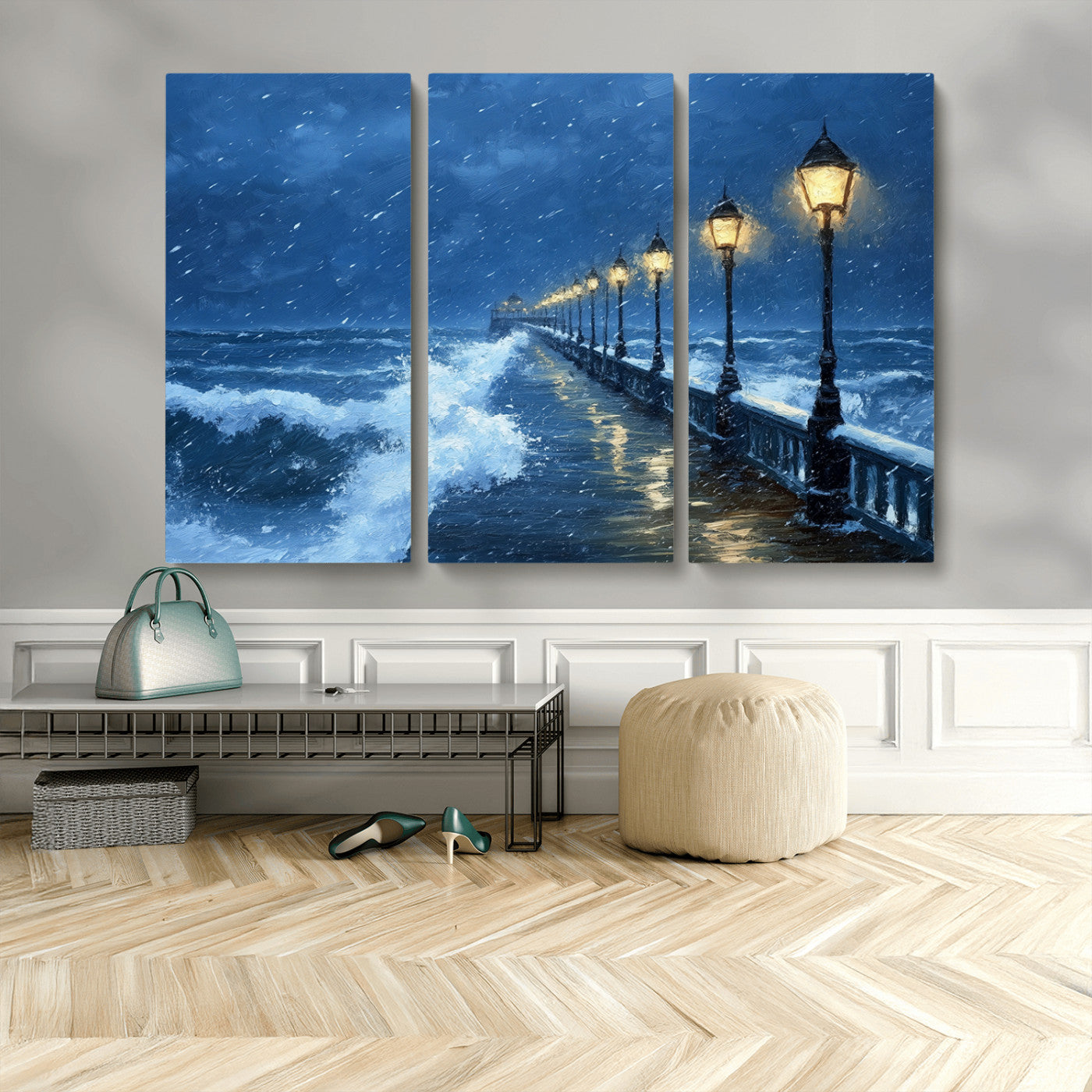 32668-MGV-CV-48X32-3P-Stormy Pier Wall Art – Ocean Waves and Street Lamps Canvas Print, Rainy Night Seascape Oil Painting Poster for Living Room,