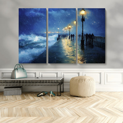 76572-MGV-CV-48X32-3P-Stormy Night Pier Wall Art – Ocean Waves and Street Lamps Canvas Print, Rainy Seascape Oil Painting Poster for Living Room,