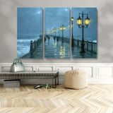 79606-MGV-CV-36X24-Rainy Pier Night Wall Art – Ocean Waves and Street Lamps Canvas Print, Moody Seascape Oil Painting Poster for Living Room,