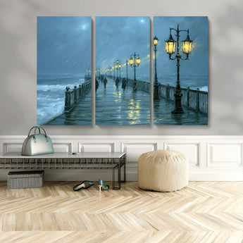 79606-MGV-CV-36X24-Rainy Pier Night Wall Art – Ocean Waves and Street Lamps Canvas Print, Moody Seascape Oil Painting Poster for Living Room,