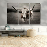 69238-MGV-CV-48X32-3P-Longhorn Bull Wall Art – Rustic Black and White Texas Cattle Canvas Print, Western Farmhouse Animal Photography for Living Room,