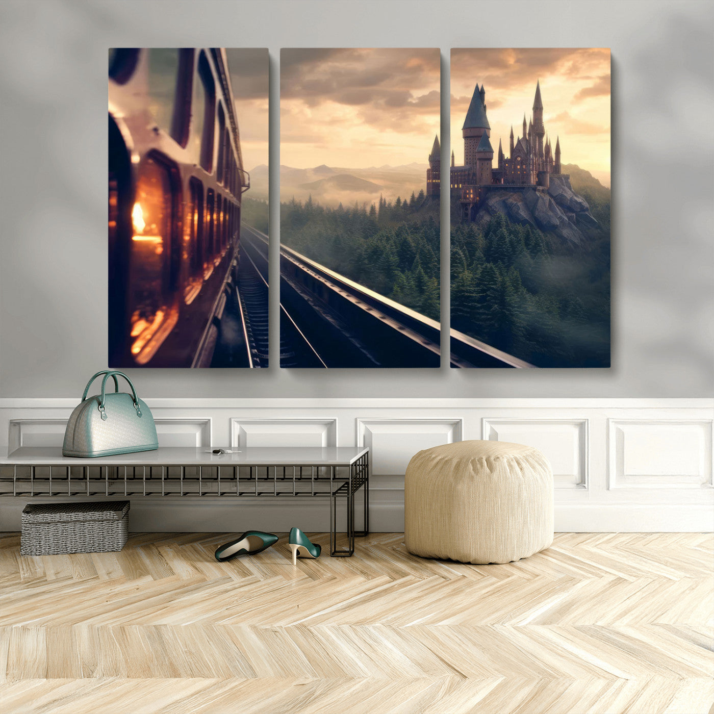84029-MGV-CV-36X24-Fantasy Castle Wall Art – Magical Train Sunset Forest Canvas Print, Enchanted Landscape Painting Poster for Living Room, Bedroom,