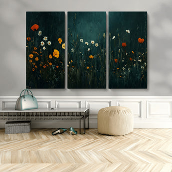 87037-MGV-CV-36X24-Wildflower Wall Art – Dark Botanical Floral Canvas Print, Modern Nature Painting Poster with Daisies Poppies Orange Flowers for