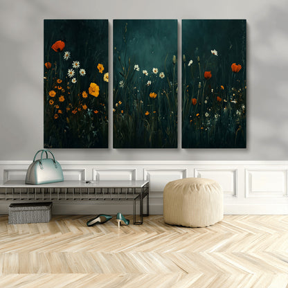 87037-MGV-CV-36X24-Wildflower Wall Art – Dark Botanical Floral Canvas Print, Modern Nature Painting Poster with Daisies Poppies Orange Flowers for