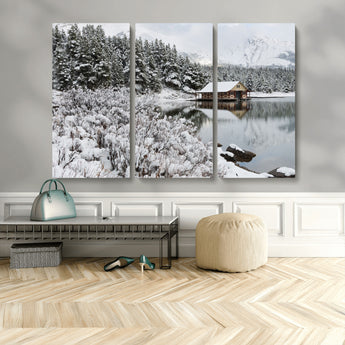 29975-MGV-CV-48X32-3P-Winter Cabin by the Lake Wall Art – Snowy Mountain Landscape Canvas Print, Rustic Lodge Cabin Decor for Cozy Living Room, Bedroom