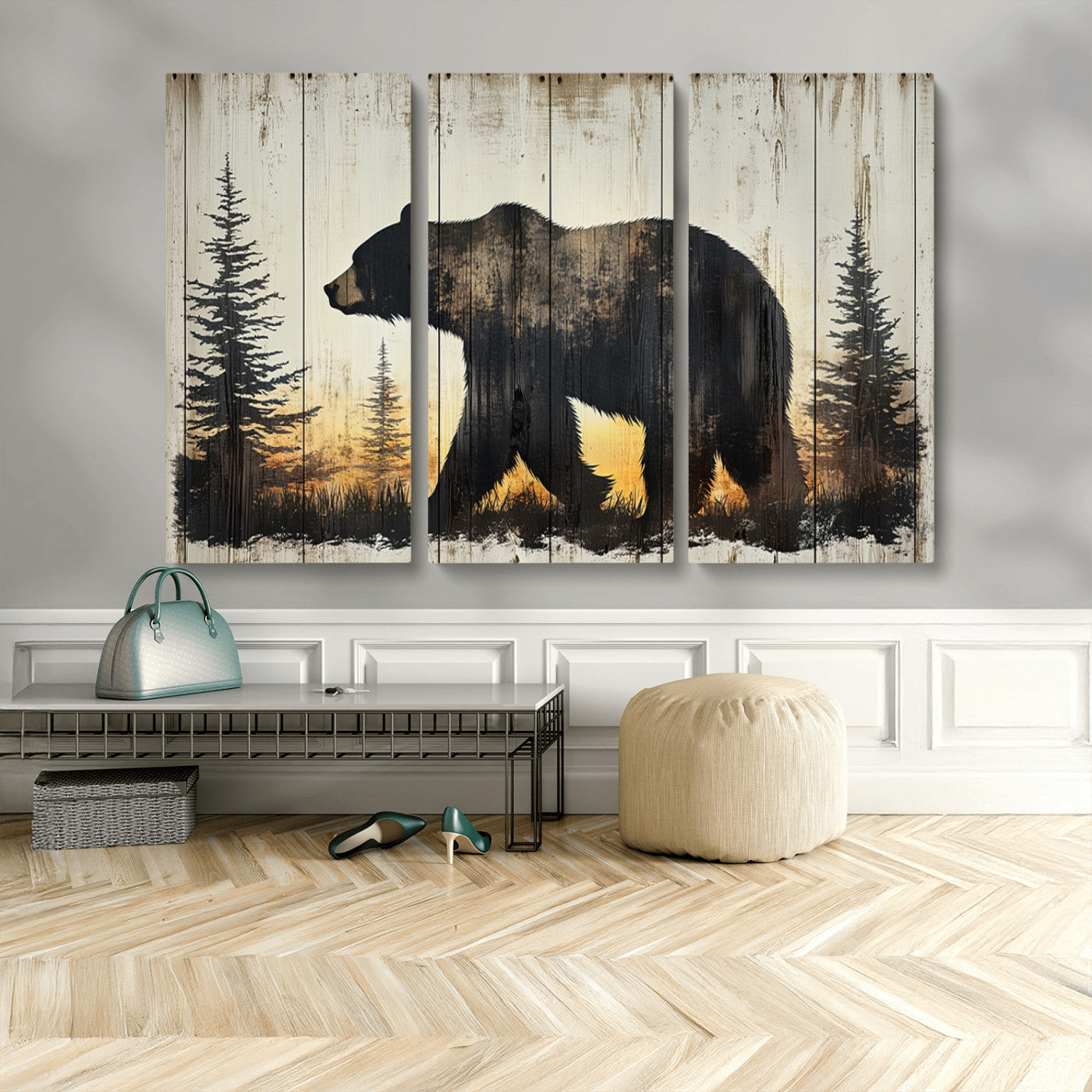 83875-MGV-CV-36X24-Sunset Bear Wall Art – Rustic Wildlife Canvas Print with Forest Silhouette, Cabin Lodge Decor for Living Room or Office
