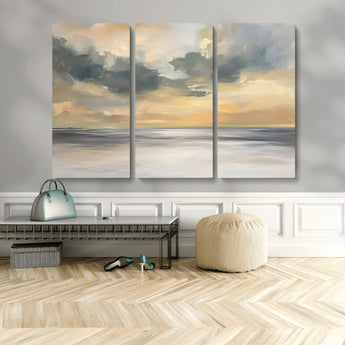 45544-MGV-CV-48X32-3P-Ocean Sunset Wall Art – Serene Seascape Canvas Print with Golden Sky and Calm Water, Coastal Beach Artwork for Living Room,