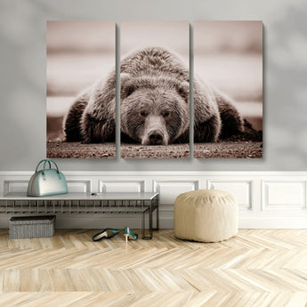20611-MGV-CV-48X32-3P-Grizzly Bear Wall Art – Majestic Wildlife Sepia Canvas Print, Rustic Nature Animal Artwork for Cabin, Lodge, Living Room, Bedroom,