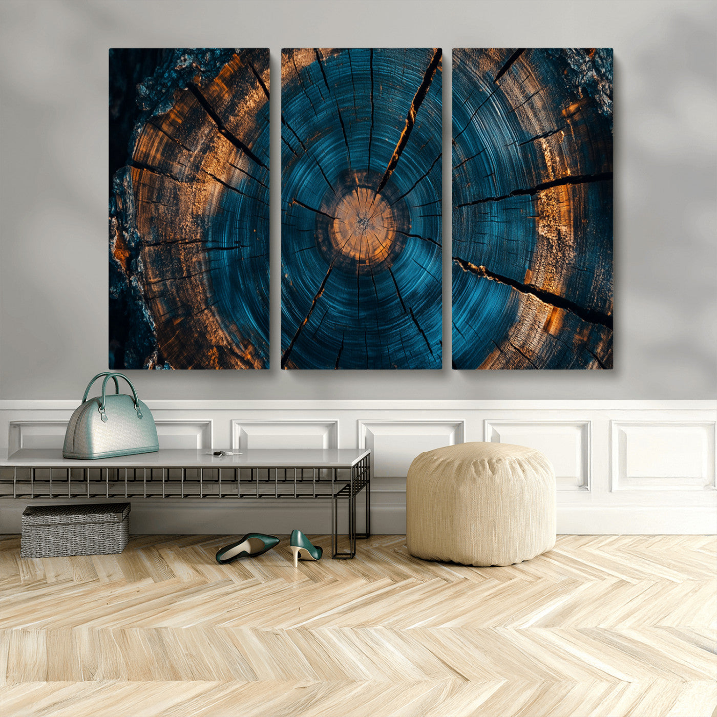 65231-MGV-CV-36X24-Blue and Gold Tree Ring Wall Art – Rustic Abstract Wood Slice Canvas Print, Modern Nature Inspired Artwork for Living Room,