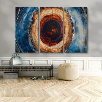 30457-MGV-CV-48X32-3P-Tree Ring Abstract Wall Art – Blue and Brown Wood Grain Canvas Print, Modern Nature Inspired Painting for Rustic Living Room,