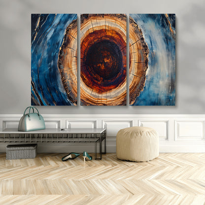 30457-MGV-CV-48X32-3P-Tree Ring Abstract Wall Art – Blue and Brown Wood Grain Canvas Print, Modern Nature Inspired Painting for Rustic Living Room,