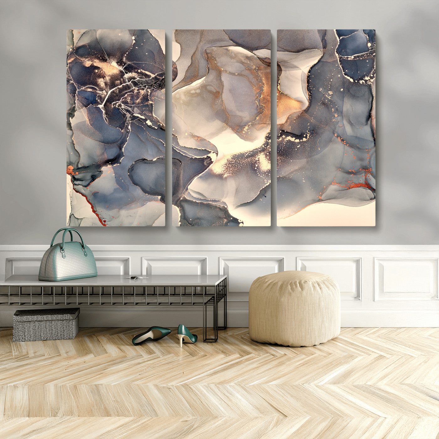 18202-MGV-CV-48X32-3P-Abstract Neutral Wall Art – Blue, Beige and Gold Fluid Ink Canvas Print, Modern Minimalist Painting for Living Room, Office