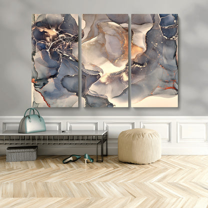 18202-MGV-CV-48X32-3P-Abstract Neutral Wall Art – Blue, Beige and Gold Fluid Ink Canvas Print, Modern Minimalist Painting for Living Room, Office