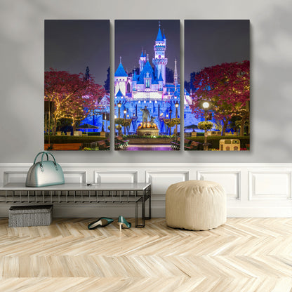 66710-MGV-CV-48X32-3P-Enchanted Castle Wall Art – Magical Night Scene Canvas Print with Glowing Lights, Fantasy Architecture Artwork for Living Room,