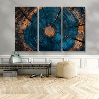 13398-MGV-CV-36X24-Tree Ring Wall Art – Abstract Wood Grain Canvas Print with Blue and Orange Accents, Rustic Nature Inspired Artwork for Living
