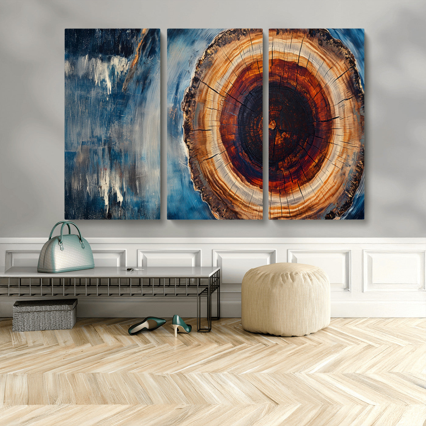 48045-MGV-CV-36X24-Tree Ring Abstract Wall Art – Rustic Wood Grain Canvas Print with Brown Center and Blue Brush Strokes, Nature Inspired Artwork for