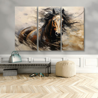 53001-MGV-CV-48X32-3P-Wild Horse Wall Art – Majestic Stallion Canvas Print with Flowing Mane, Rustic Western Style Painting for Living Room, Office or