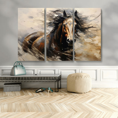 53001-MGV-CV-48X32-3P-Wild Horse Wall Art – Majestic Stallion Canvas Print with Flowing Mane, Rustic Western Style Painting for Living Room, Office or
