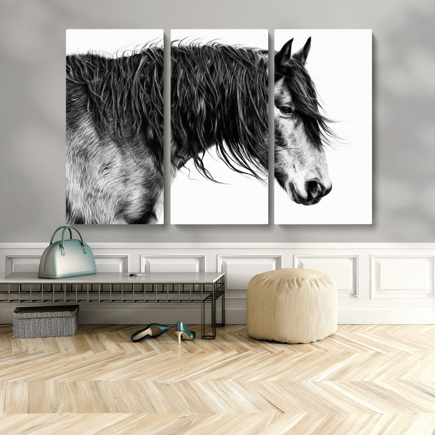 57694-MGV-CV-48X32-3P-Horse Portrait Wall Art – Black and White Canvas Print with Detailed Stallion Profile, Rustic Farmhouse Equestrian Artwork for