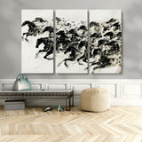23069-MGV-CV-48X32-3P-Galloping Horses Wall Art – Black Ink Painting on Canvas, Dynamic Equestrian Artwork with Running Stallions, Expressive Modern