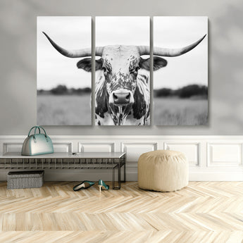 20272-MGV-CV-36X24-Highland Cow Wall Art – Black and White Western Longhorn Canvas Print, Farmhouse Living Room Decor Southwestern Animal Artwork for