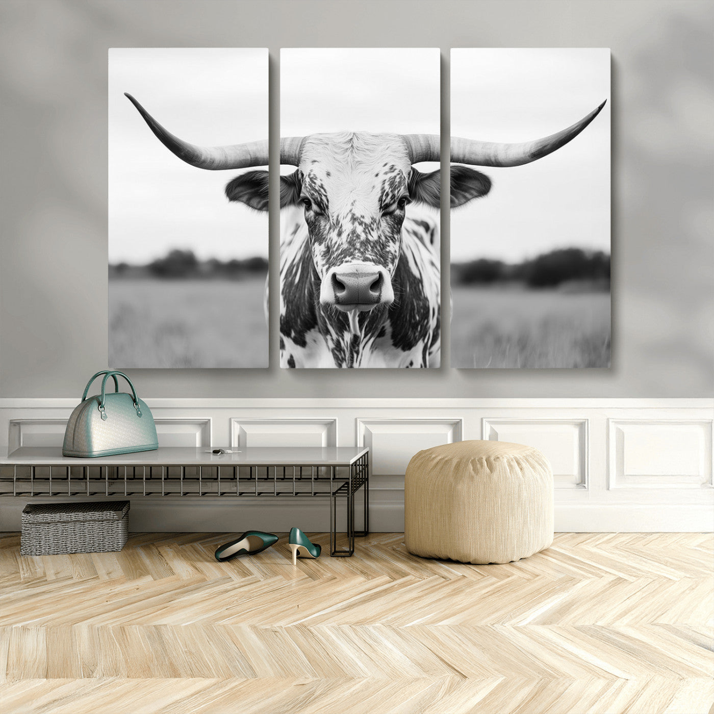 20272-MGV-CV-48X32-3P-Texas Longhorn Wall Art – Black and White Cowboy Western Canvas Print, Rustic Farmhouse Cattle Photography Decor for Ranch, Barn