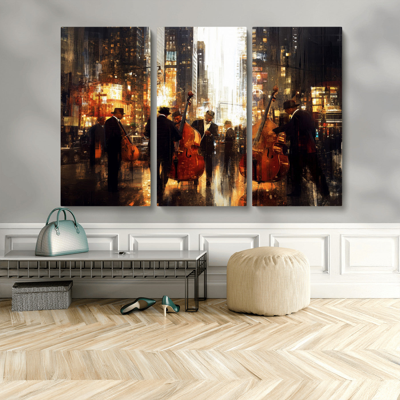58782-MGV-CV-36X24-Jazz Musicians Cityscape Wall Art – Vibrant Urban Night Canvas Print, Elegant Music Themed Decor for Living Room, Office, or Music