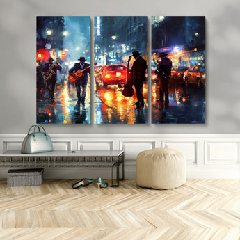 94605-MGV-CV-48X32-3P-City Jazz Night Wall Art – Vibrant Music Canvas Print Featuring Saxophone, Guitar and Bass Players, Urban Street Scene Artwork for