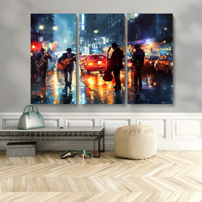 94605-MGV-CV-48X32-3P-City Jazz Night Wall Art – Vibrant Music Canvas Print Featuring Saxophone, Guitar and Bass Players, Urban Street Scene Artwork for