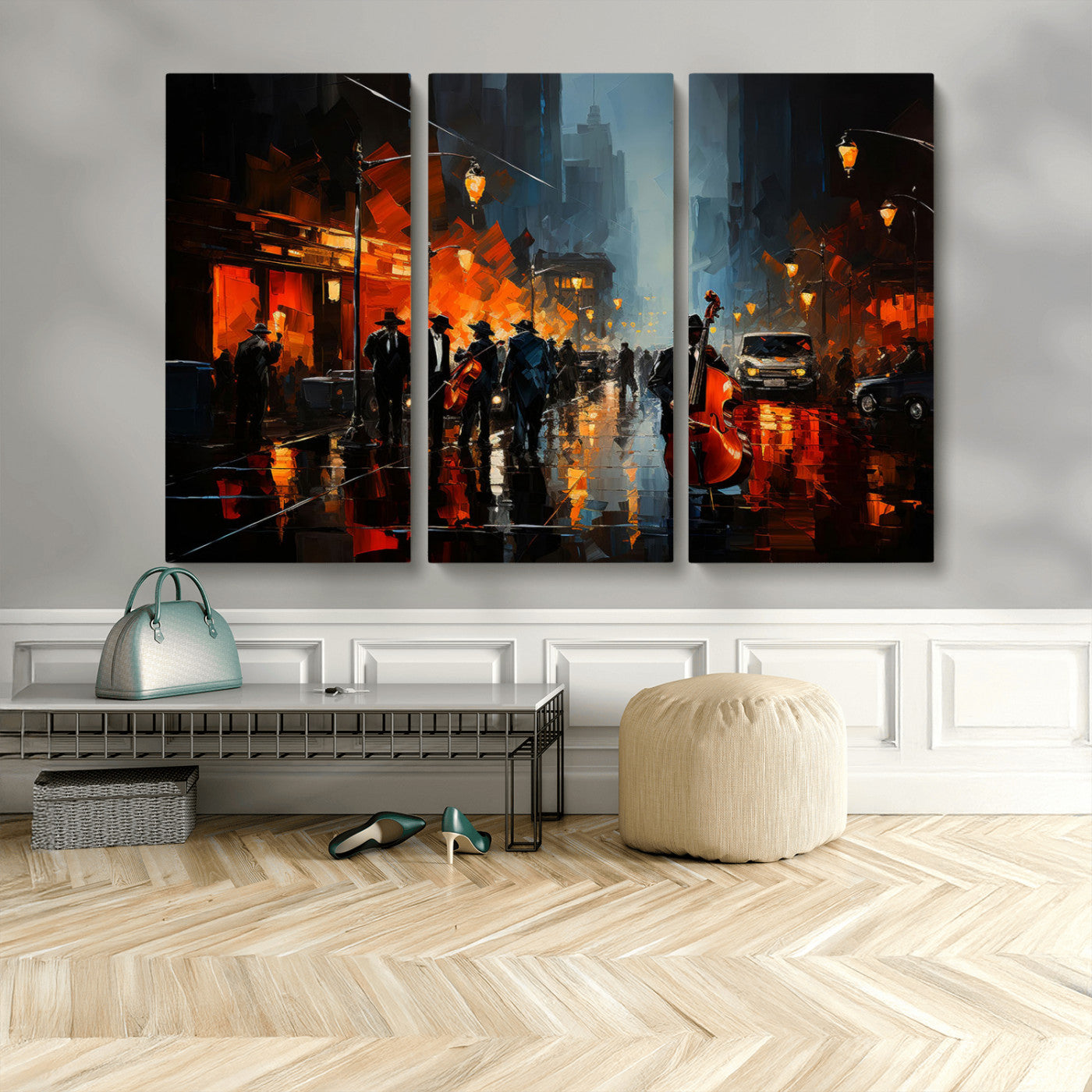 46538-MGV-CV-36X24-Urban Jazz Night Wall Art – Dramatic Music Canvas Print with Double Bass and Street Musicians, Modern City Scene Artwork for