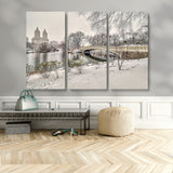 60292-MGV-CV-48X32-3P-Central Park Winter Wall Art – Snowy Bow Bridge Canvas Print, Scenic New York City Landscape Photography for Living Room, Bedroom