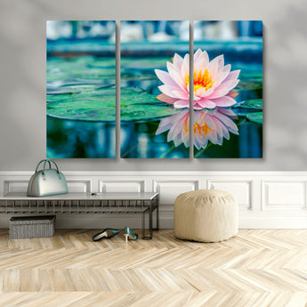 65933-MGV-CV-48X32-3P-Pink Water Lily Wall Art – Lotus Flower Canvas Print with Reflection on Calm Water, Peaceful Botanical Artwork for Living Room,