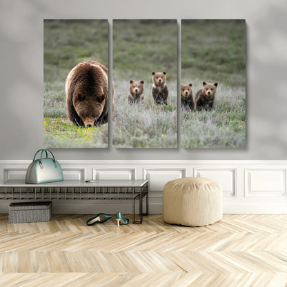 65087B-MGV-CV-48X32-3P-Bear Family Wall Art – Wildlife Canvas Print Featuring Mother Bear with Cubs in Nature, Rustic Animal Artwork for Living Room,